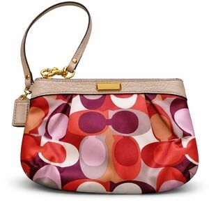 Coach Signature Satin Wristlet | Multicolor Geo Print | Gold Hardware ✨